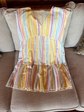 Time and Tru Yellow Pink Blue Striped V-Neck Tiered Dress
